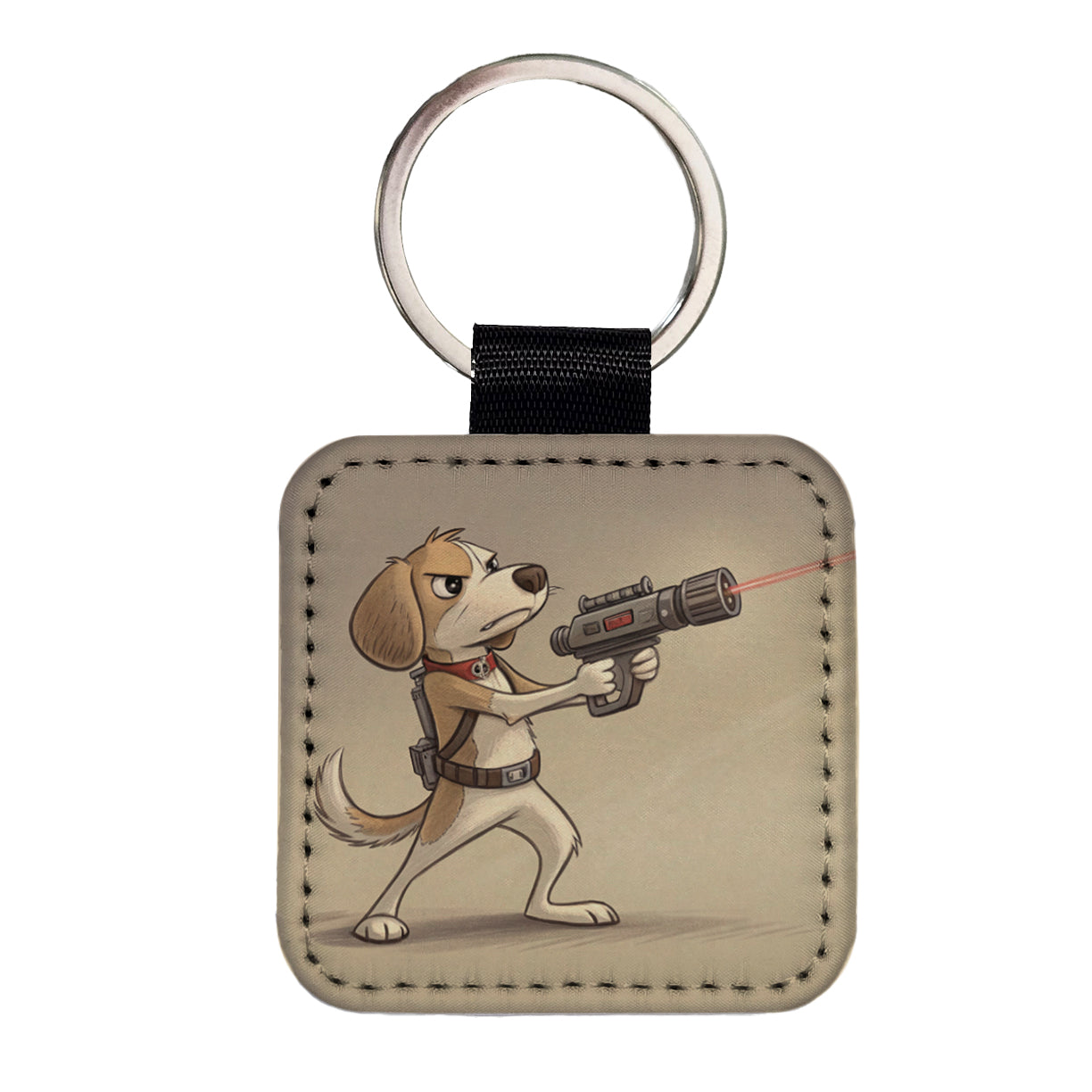 Dog With Laser Gun Sci-fi Cartoon Square Faux Leather Keychain