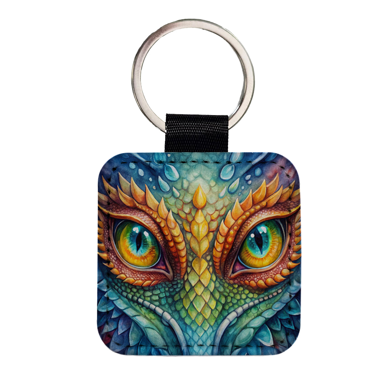 Dragon Eyes Close Up Watercolor Square Faux Leather Keychain