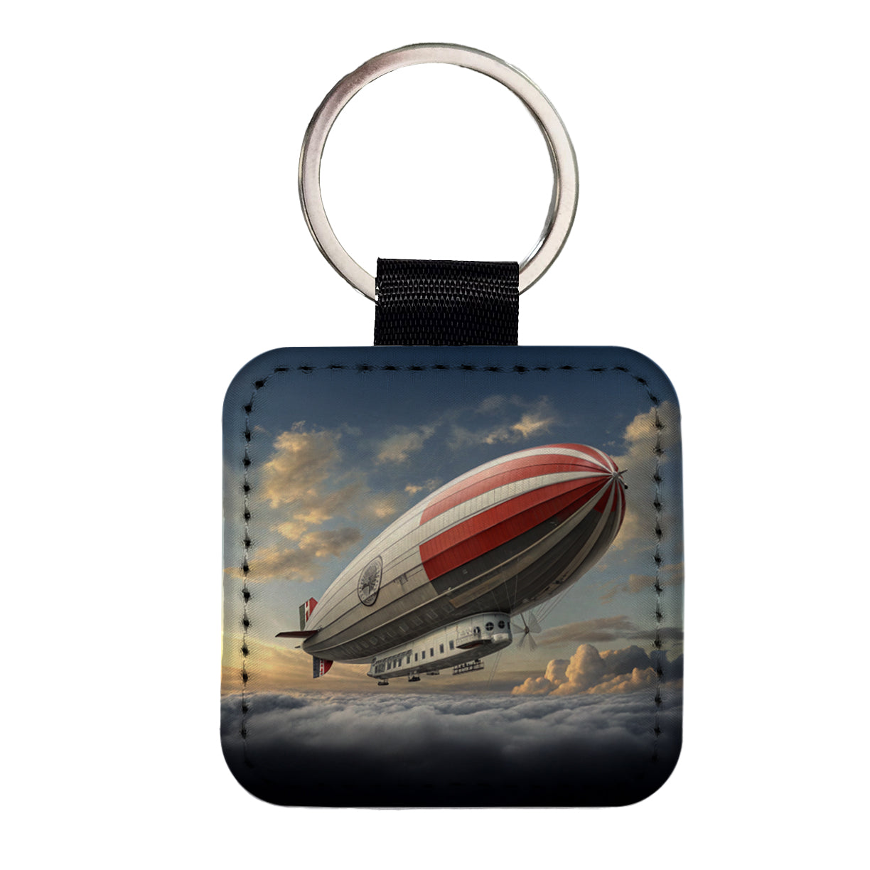 Early 1900's Dirigible Airship Blimp Square Faux Leather Keychain