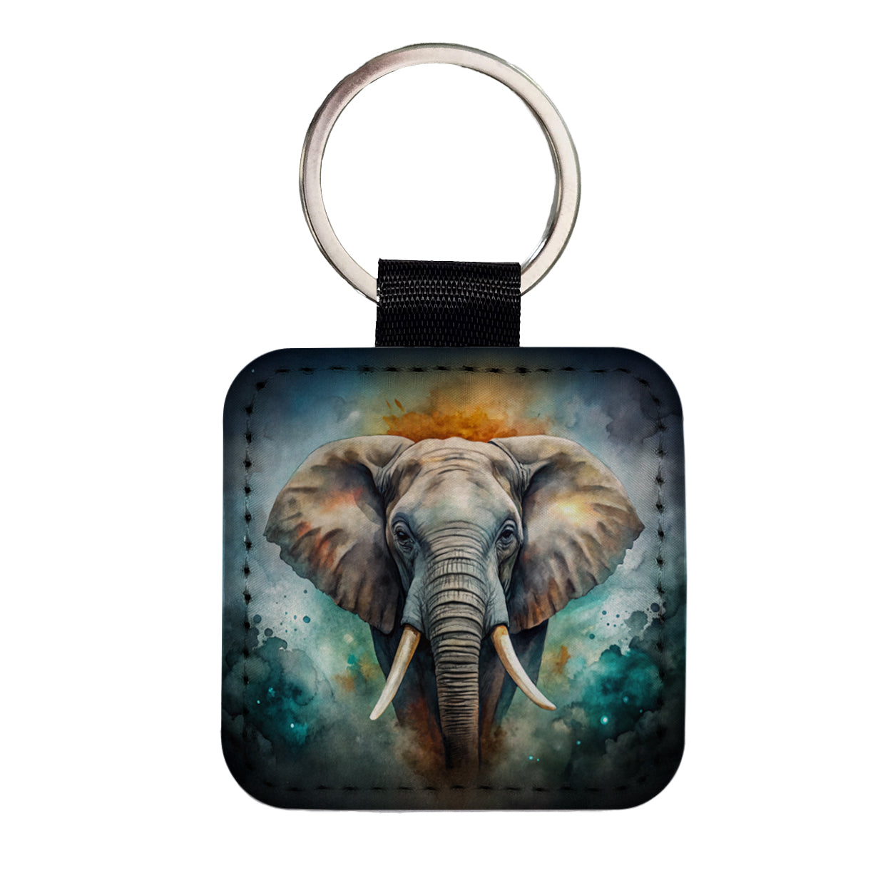 Elephant on Black Watercolor Background Square Faux Leather Keychain