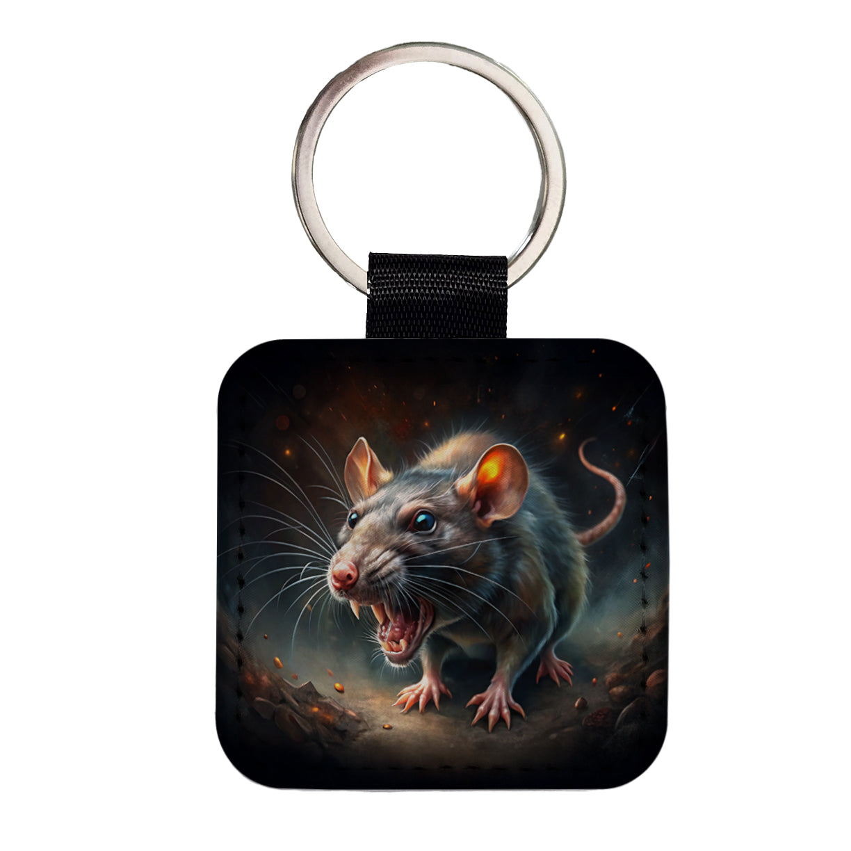 Evil Angry Rat Black Watercolor Square Faux Leather Keychain