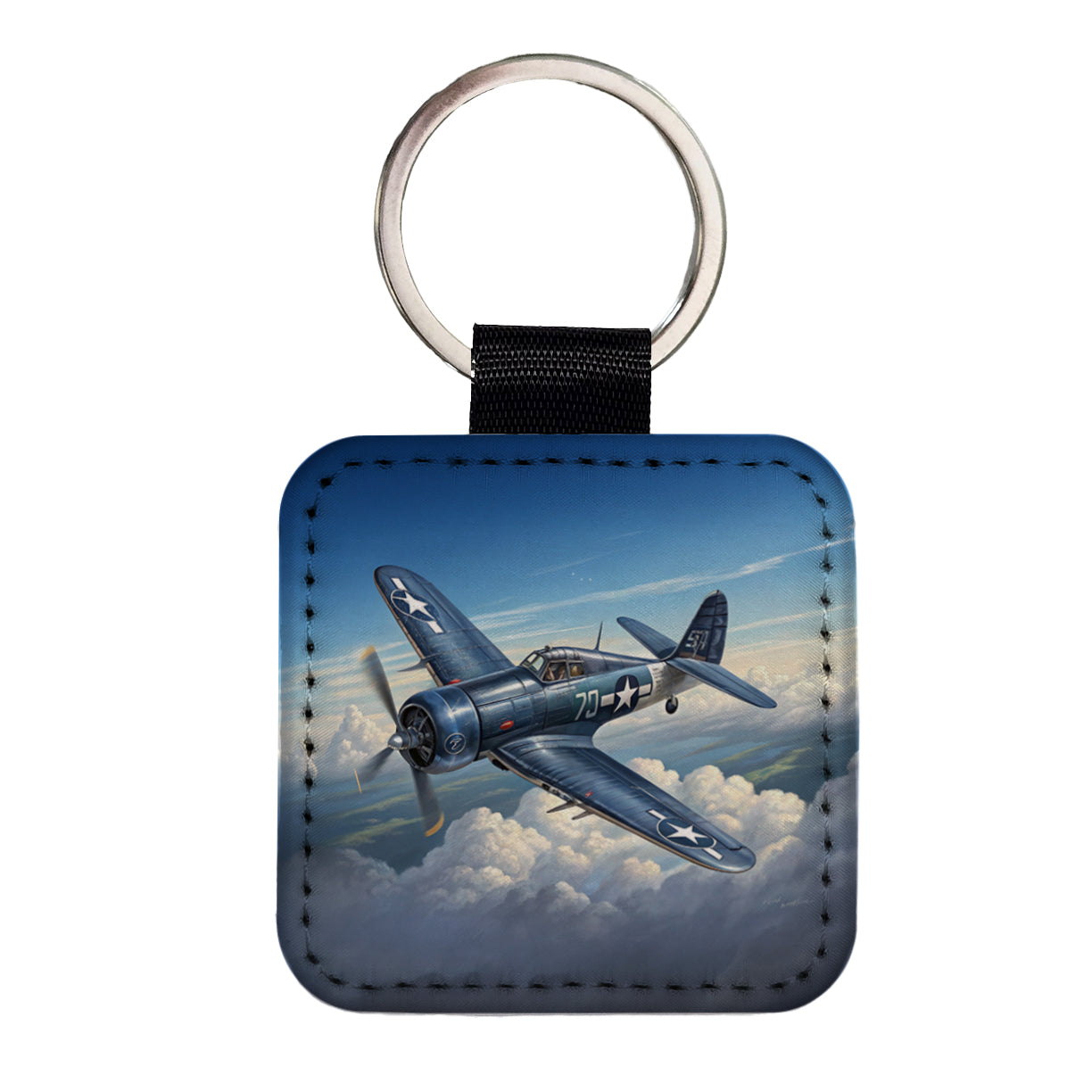 F4U Corsair WWII US Navy Marines Fighter Plane Square Faux Leather Keychain