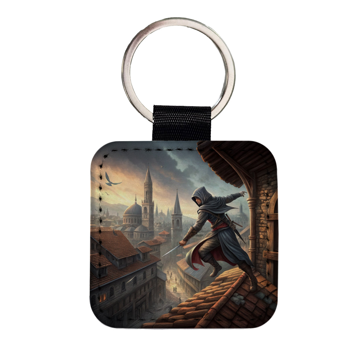 Fantasy Assassin Rogue Thief Rooftop Running Square Faux Leather Keychain