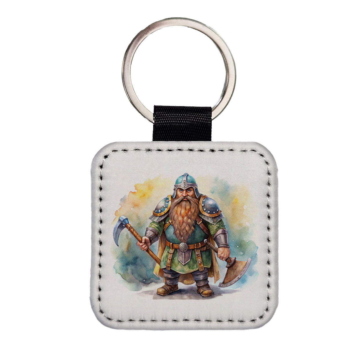 Fantasy Dwarf Fighter Warrior Tank Watercolor Square Faux Leather Keychain