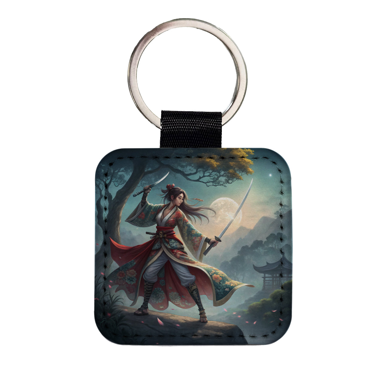 Fantasy Female Warrior Classic Japanese Anime Style Square Faux Leather Keychain