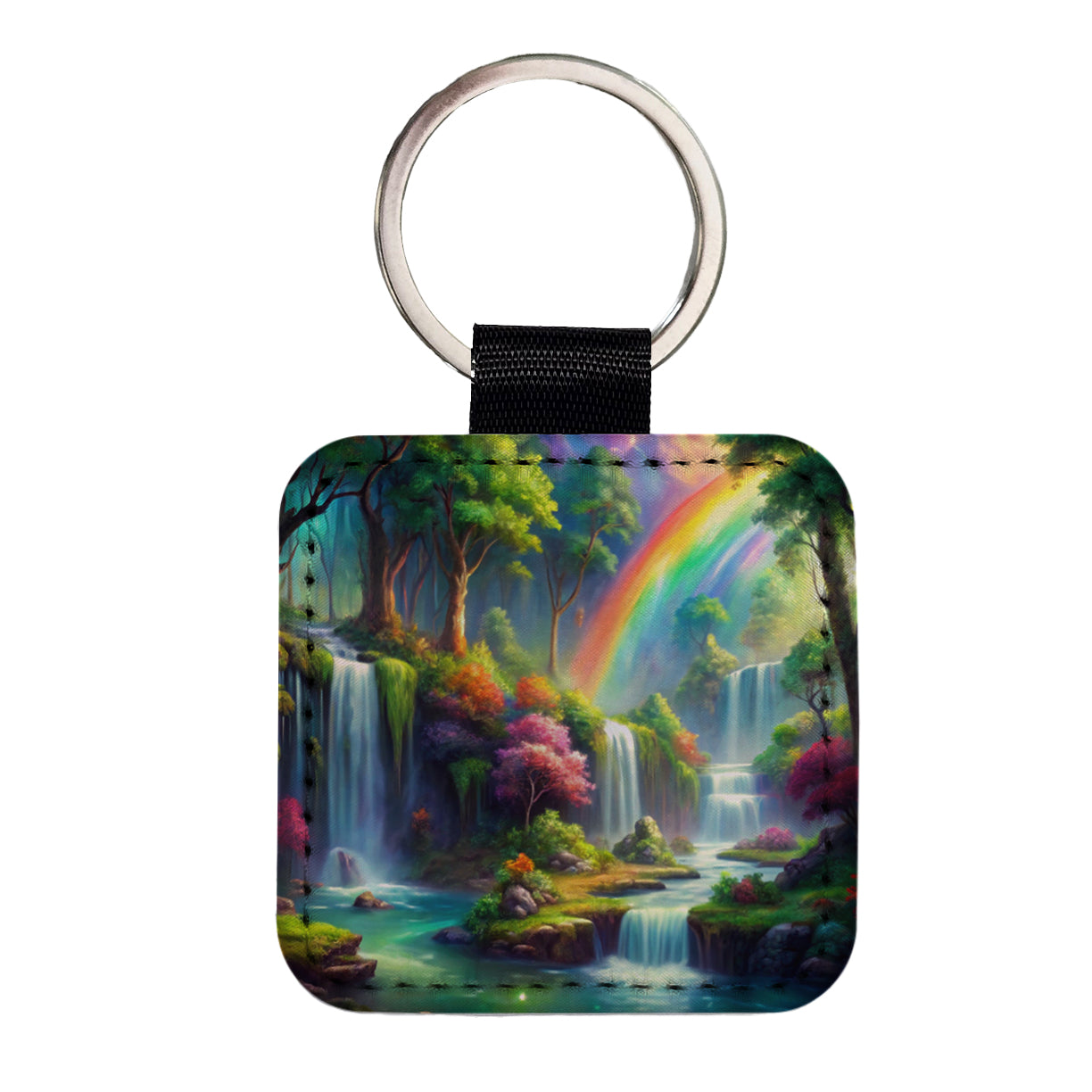 Fantasy Forest Rainbow Waterfalls Watercolor Square Faux Leather Keychain