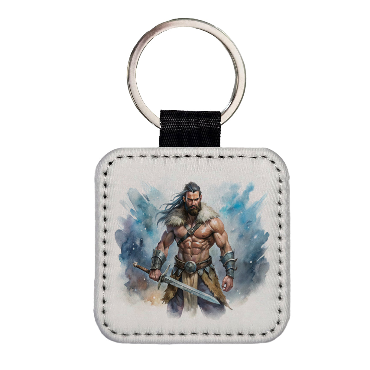 Fantasy Male Barbarian With Two-Handed Sword Square Faux Leather Keychain