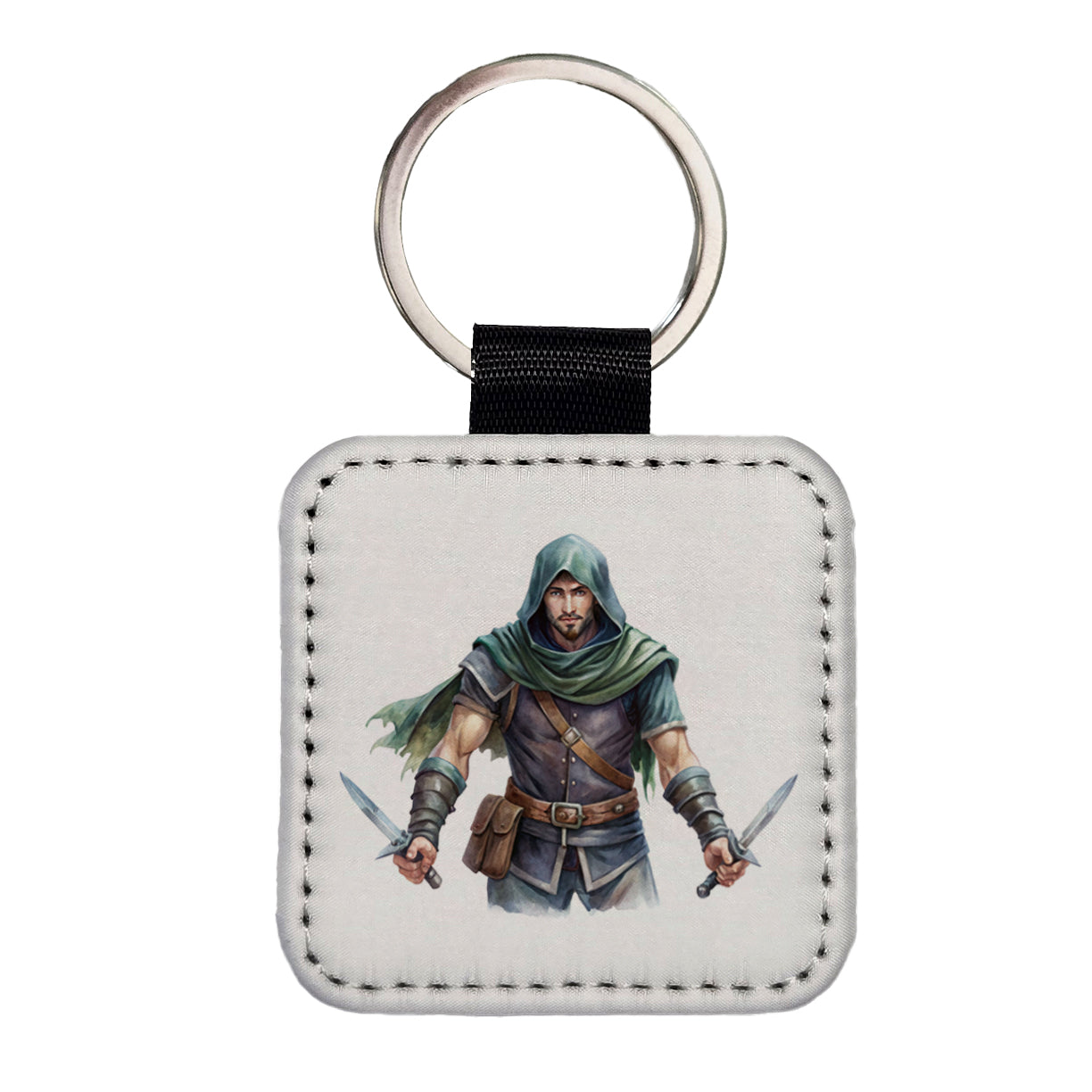 Fantasy Male Thief Rogue with Daggers Watercolor Square Faux Leather Keychain