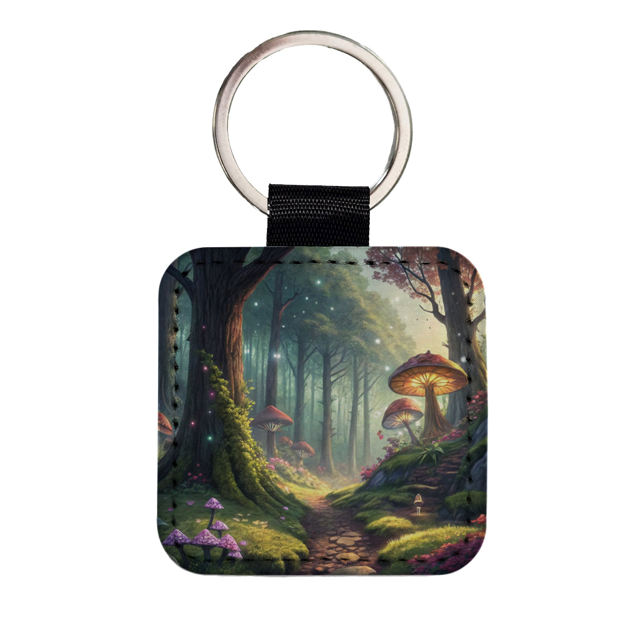 Fantasy Mushroom Forest Mystical Anime Style Square Faux Leather Keychain