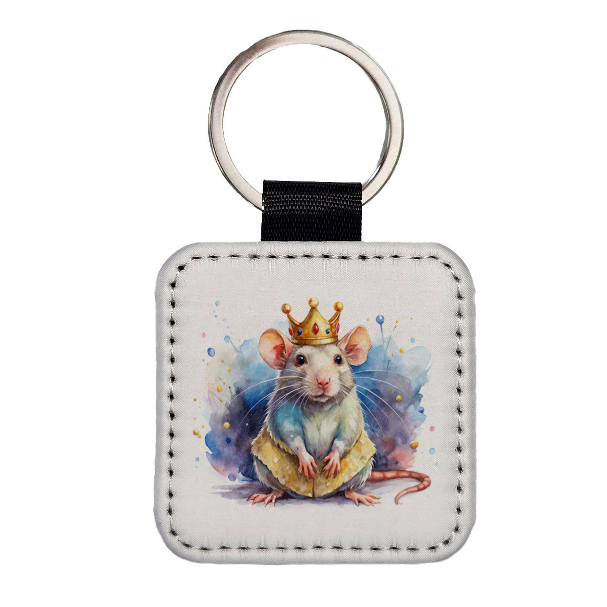 Fantasy Rat Mouse King Watercolor Square Faux Leather Keychain