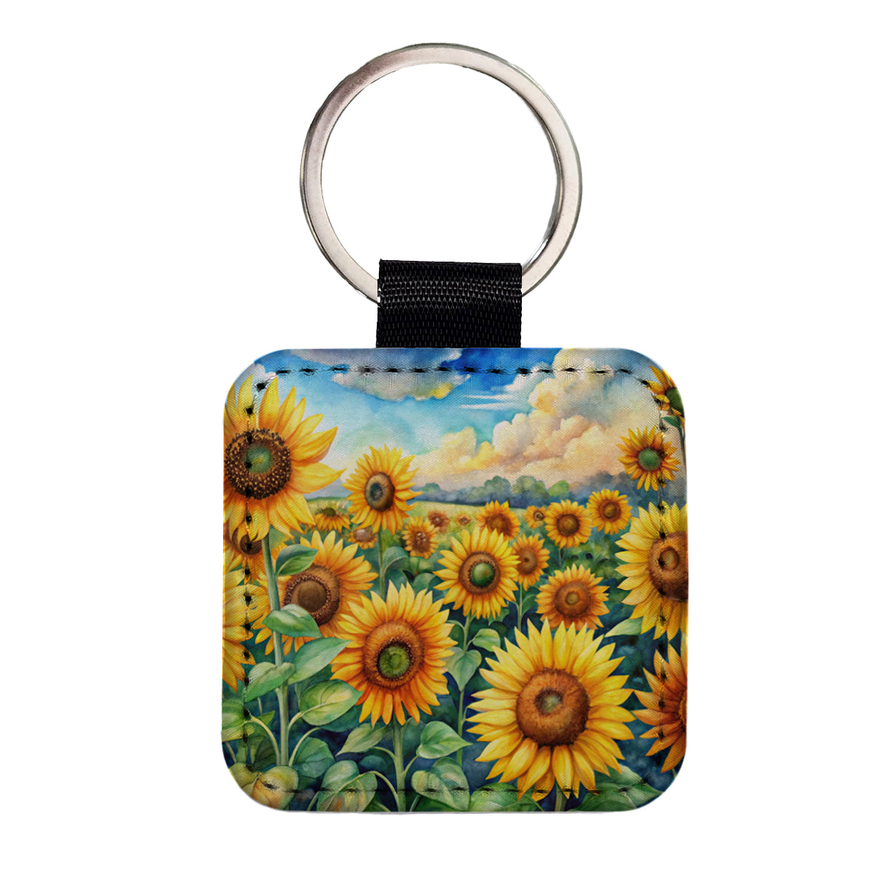 Field Of Sunflowers Watercolor Square Faux Leather Keychain