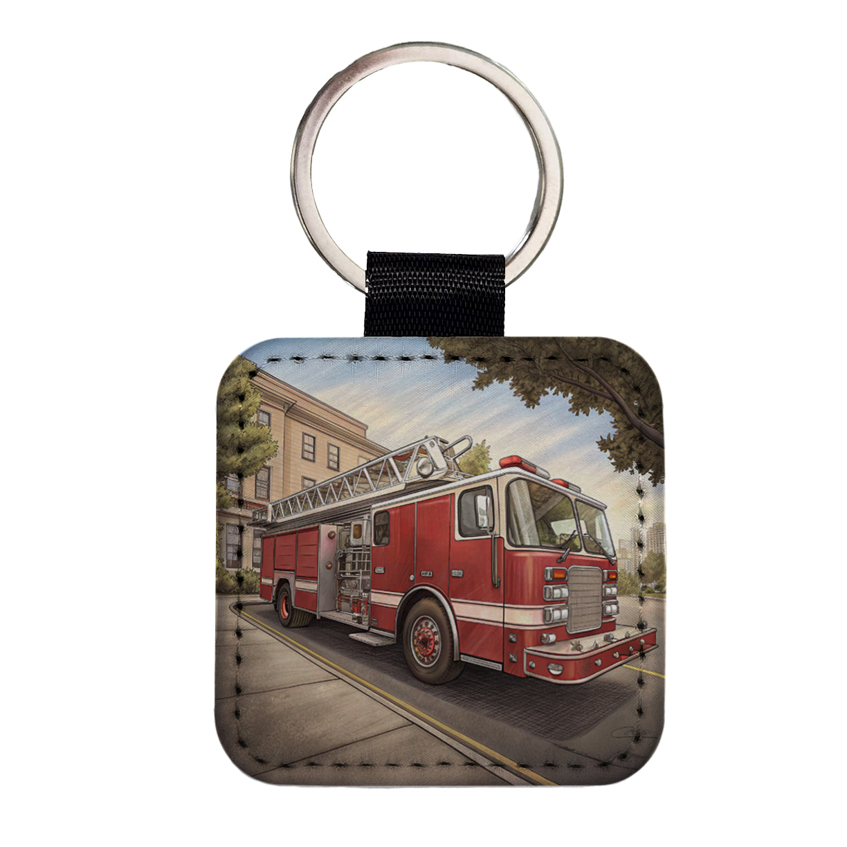 Fire Engine Firefighter Ladder Truck Square Faux Leather Keychain