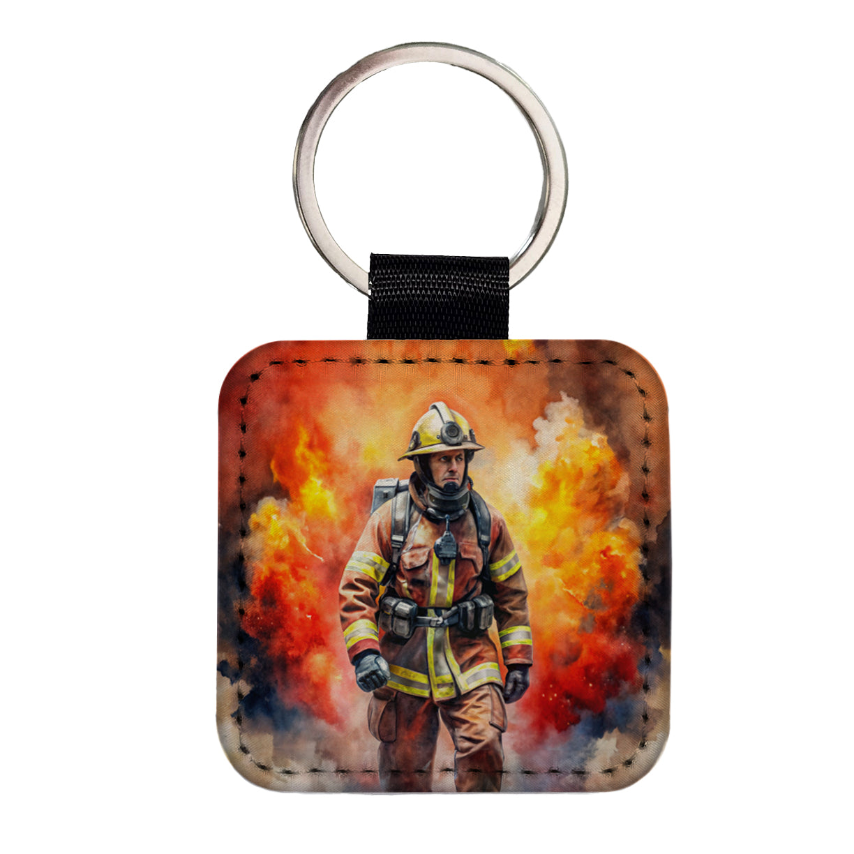 Firefighter Walking Out of Flames Watercolor Square Faux Leather Keychain