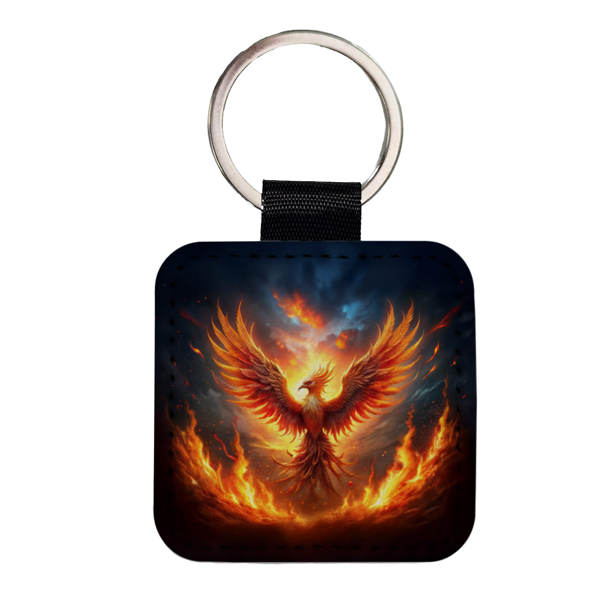 Flaming Phoenix Rising From Ashes Fantasy Bird Square Faux Leather Keychain