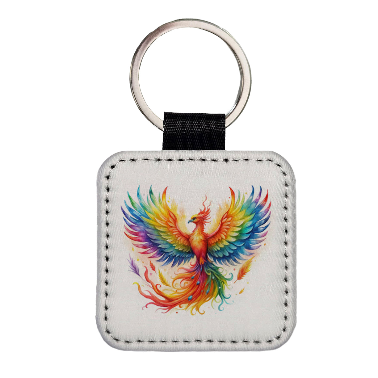 Flaming Rainbow Phoenix Rising Fantasy Watercolor Square Faux Leather Keychain