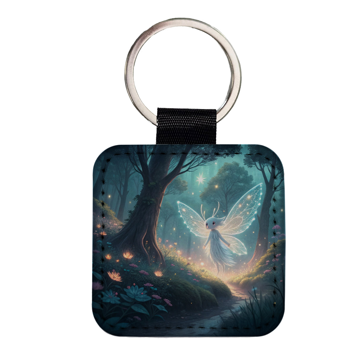 Forest Spirit Japanese Anime Style Fantasy Square Faux Leather Keychain