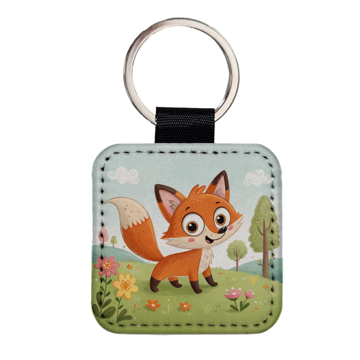 Fox Children's Illustration Style Square Faux Leather Keychain