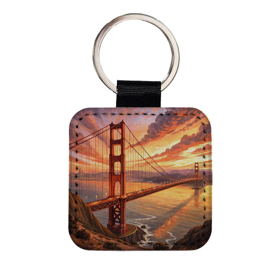 Golden Gate Bridge During Sunset San Francisco California Square Faux Leather Keychain