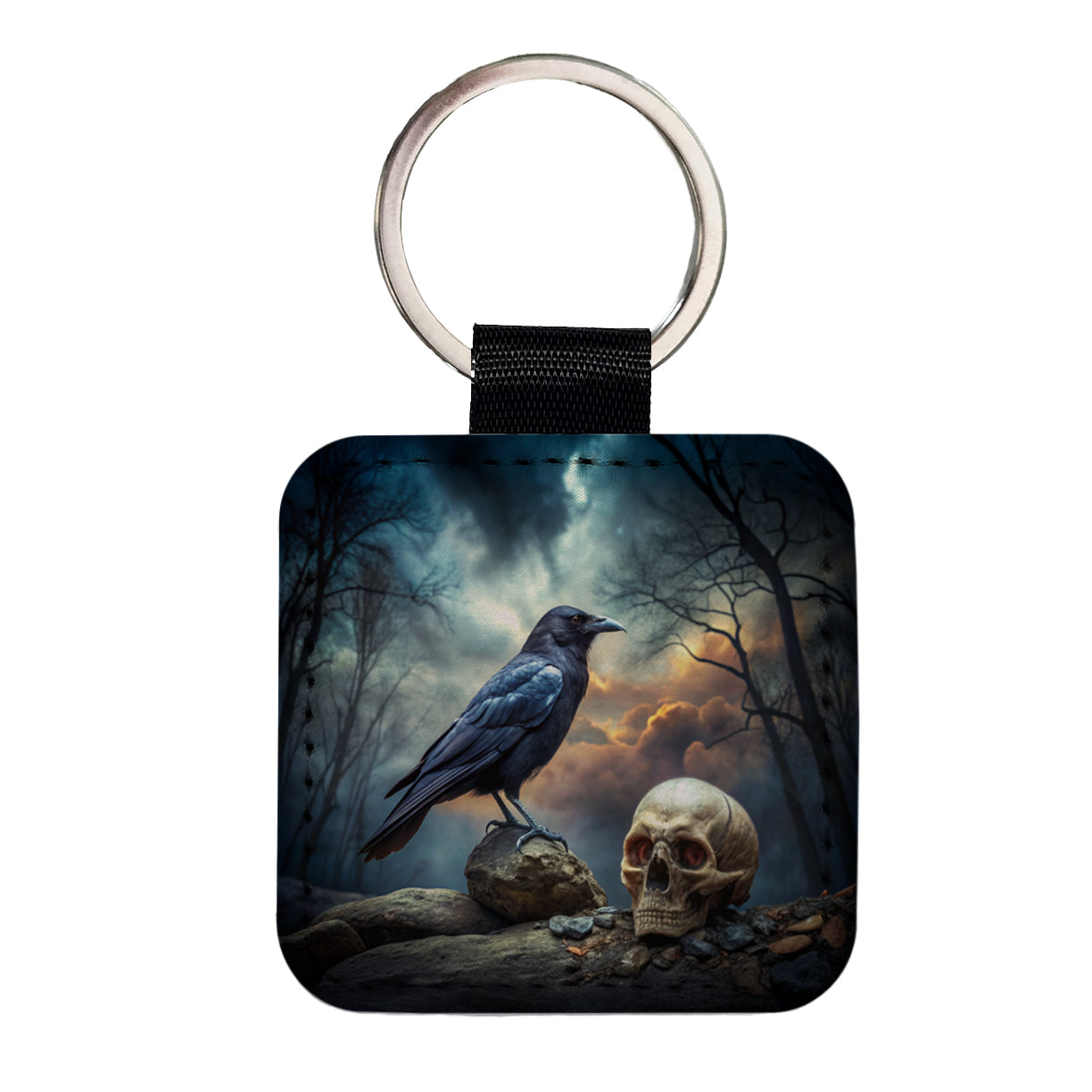 Gothic Raven Death Skull Halloween Square Faux Leather Keychain