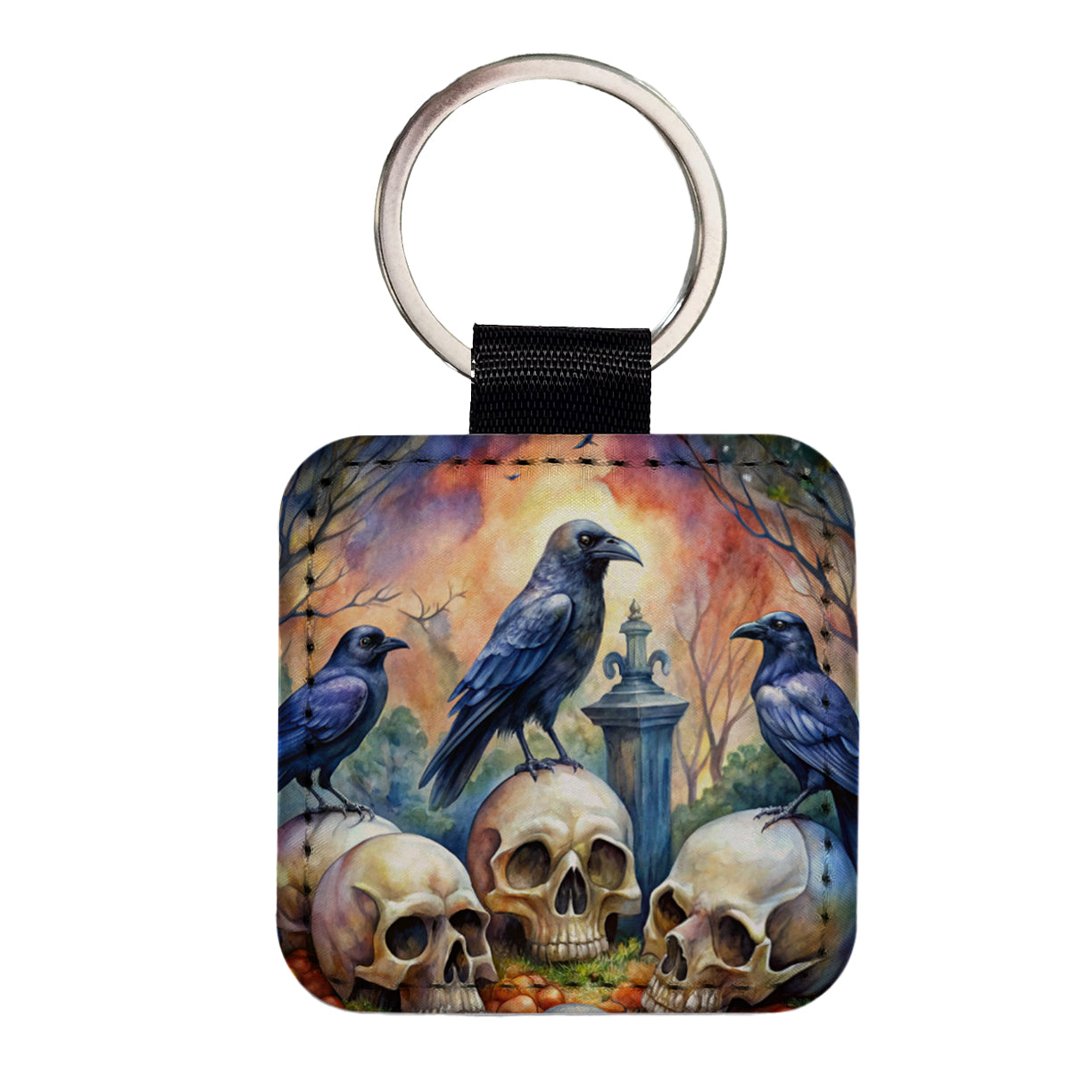 Gothic Raven Death Skulls Watercolor Square Faux Leather Keychain