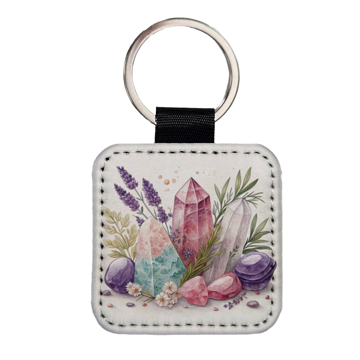 Healing Crystals and Herbs Square Faux Leather Keychain