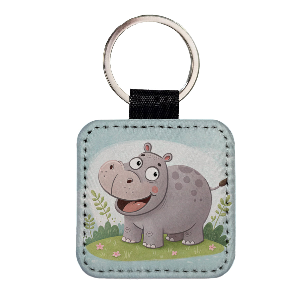 Hippo Children's Illustration Style Square Faux Leather Keychain