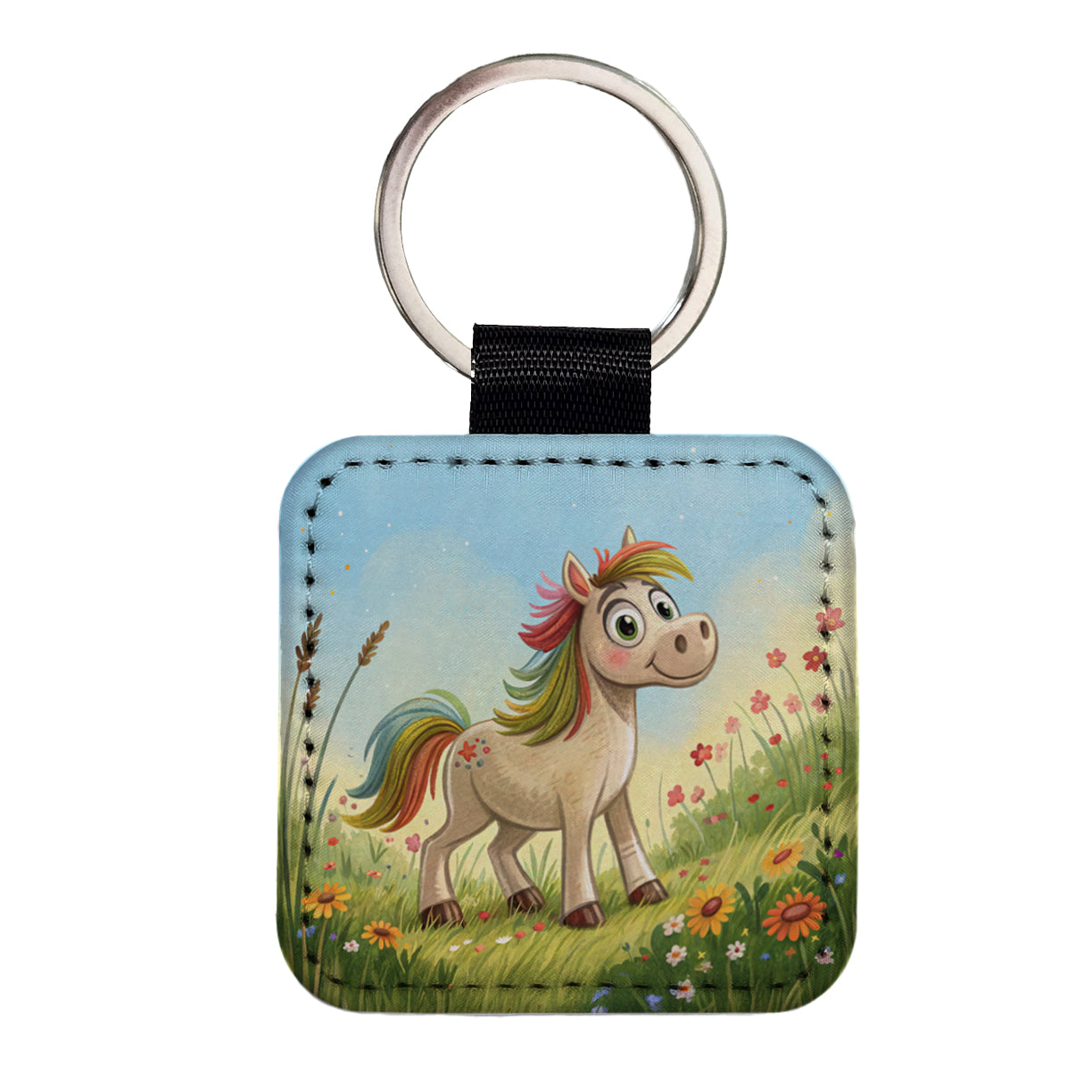 Horse Children's Illustration Style Square Faux Leather Keychain