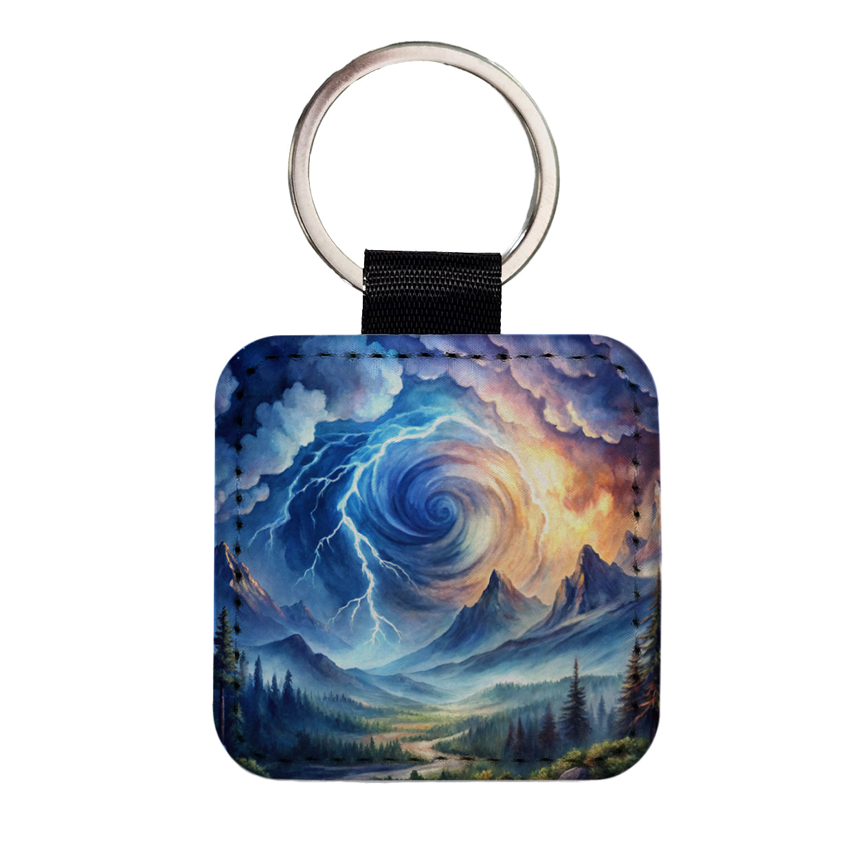 Hurricane and Lightning At Night in the Mountains Watercolor Square Faux Leather Keychain
