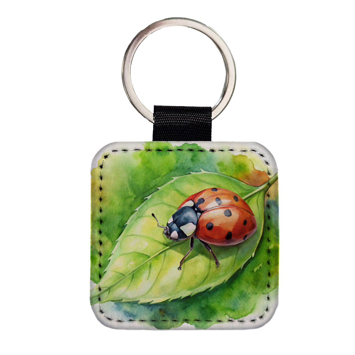 Ladybug On Leaf Watercolor Square Faux Leather Keychain
