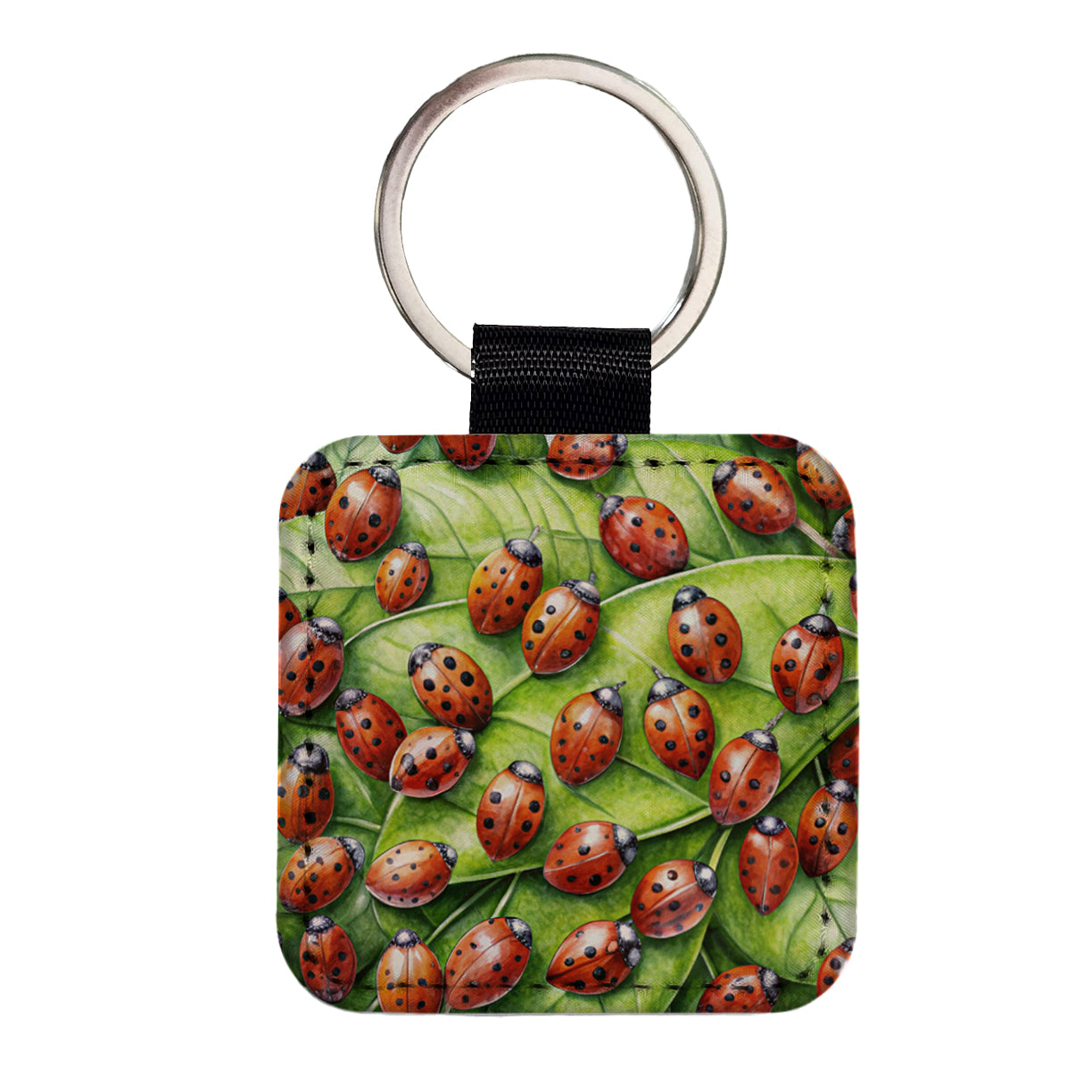 Ladybugs on Leaf Square Faux Leather Keychain