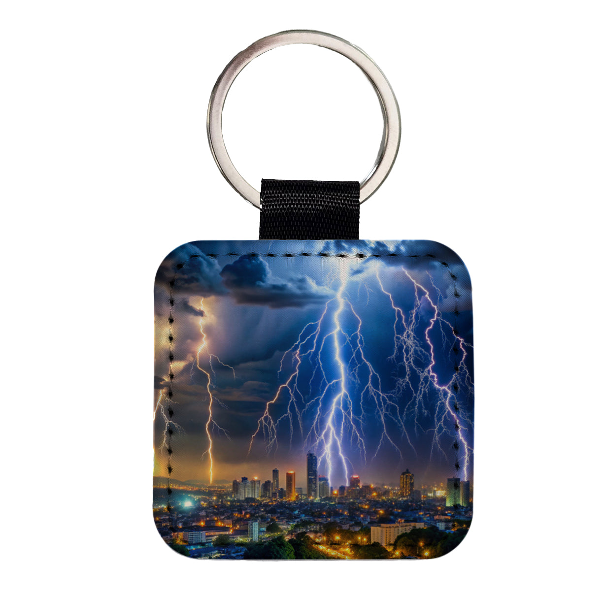 Lighting Strikes Over City At Night Square Faux Leather Keychain
