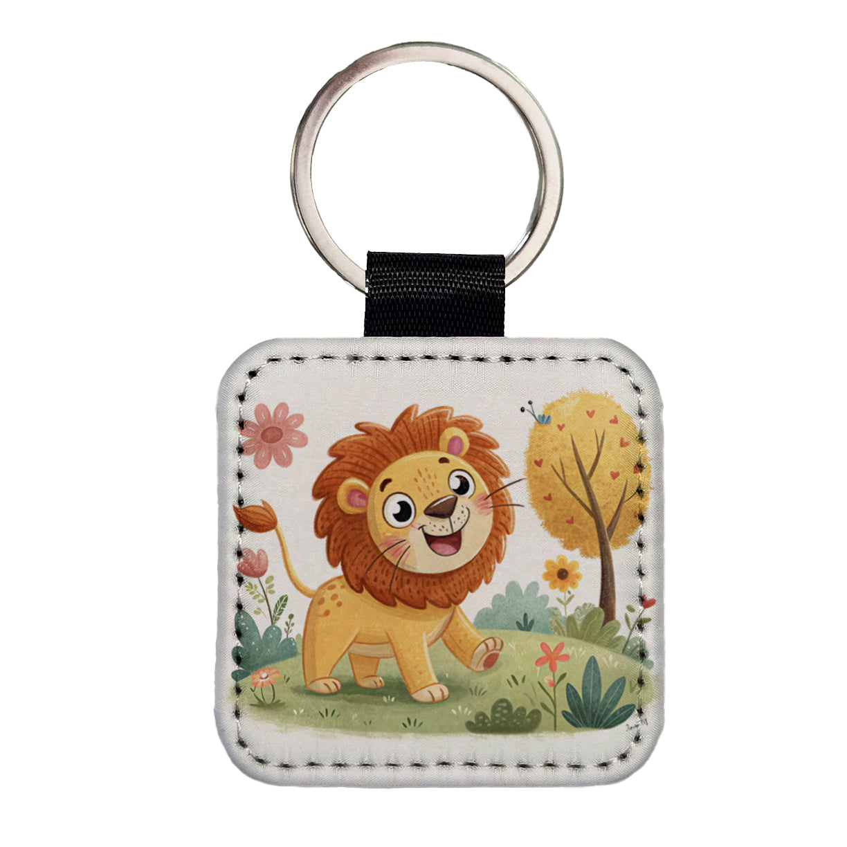 Lion Children's Illustration Style Square Faux Leather Keychain