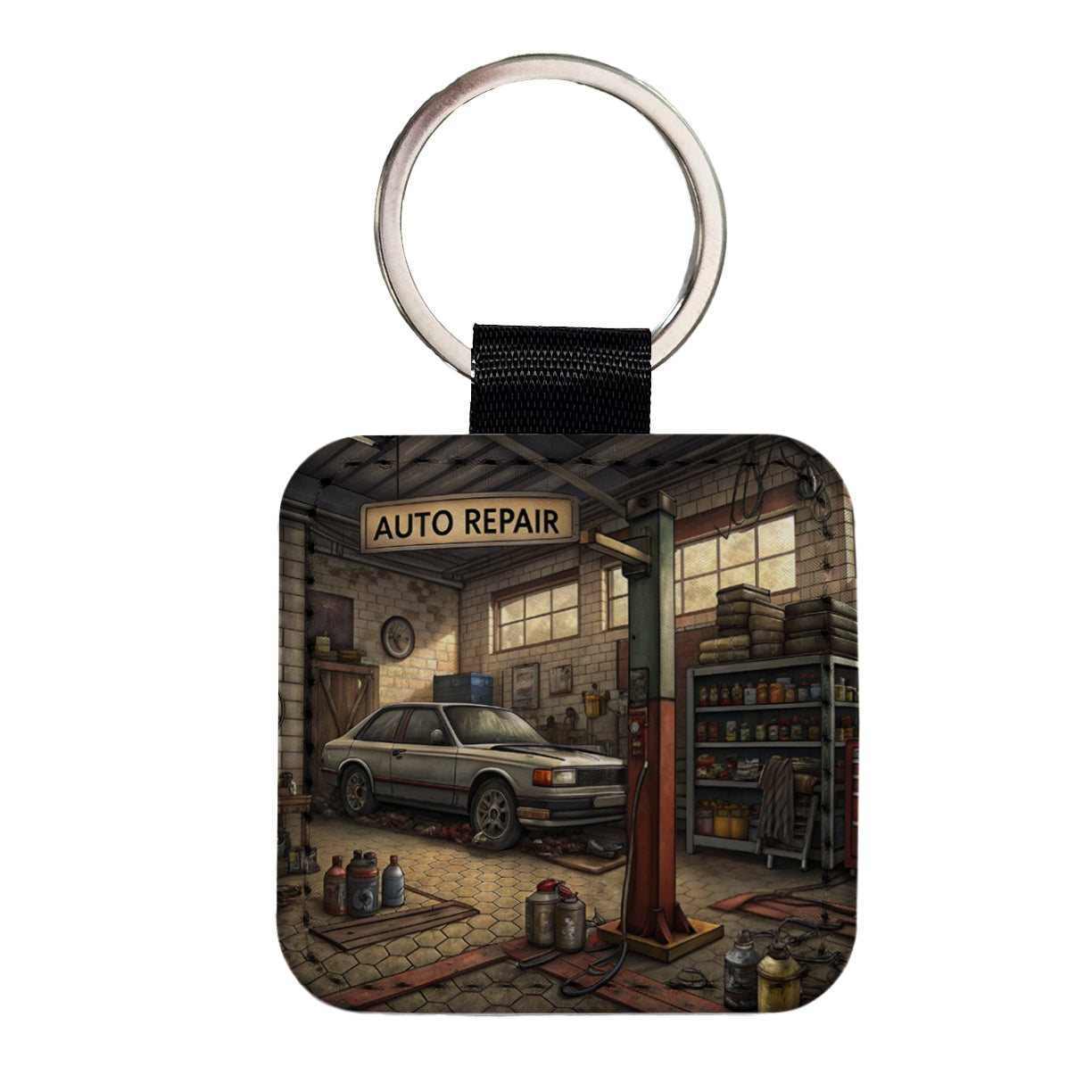 Mechanic's Automotive Repair Garage Square Faux Leather Keychain