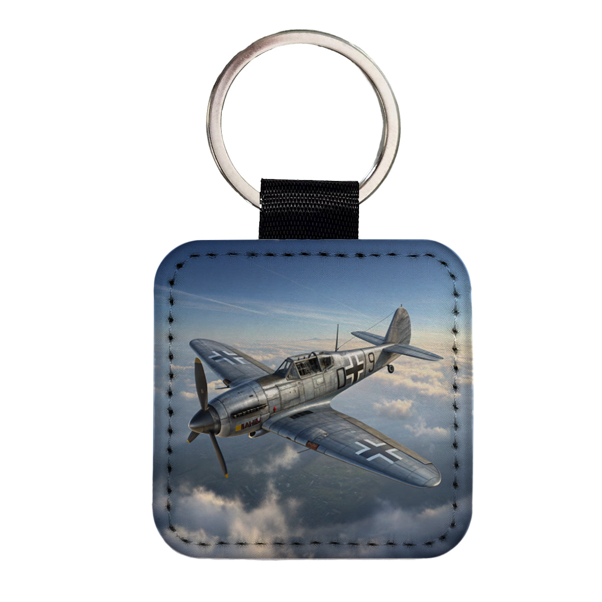 Messerschmitt Bf 109 WWII German Fighter Plane Square Faux Leather Keychain