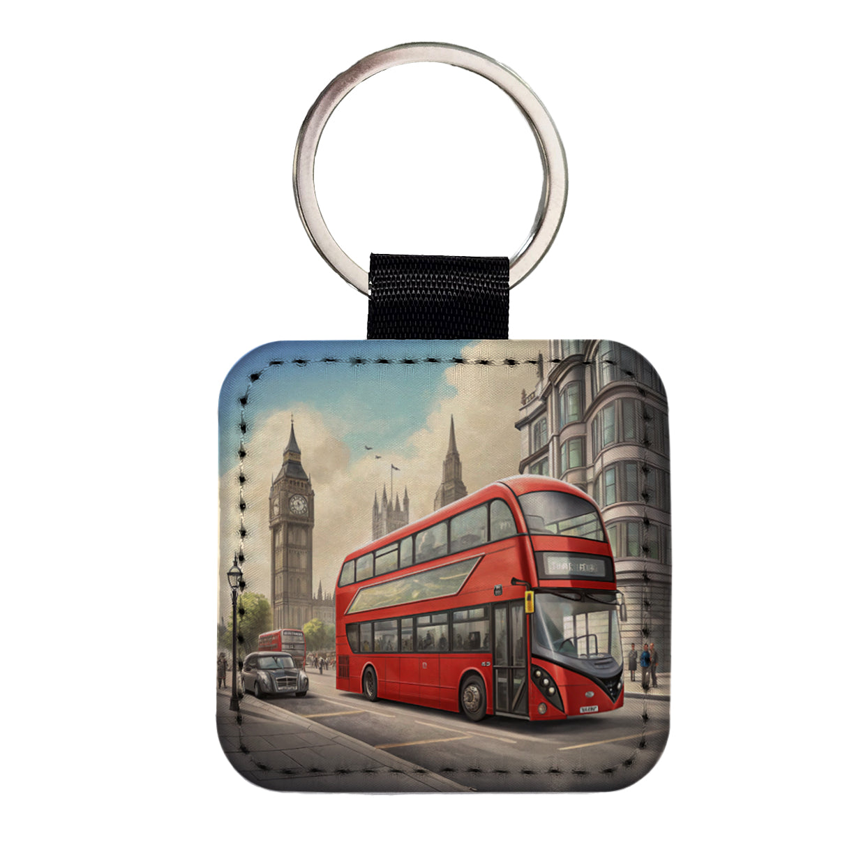 Modern Double Decker Bus In London England Square Faux Leather Keychain