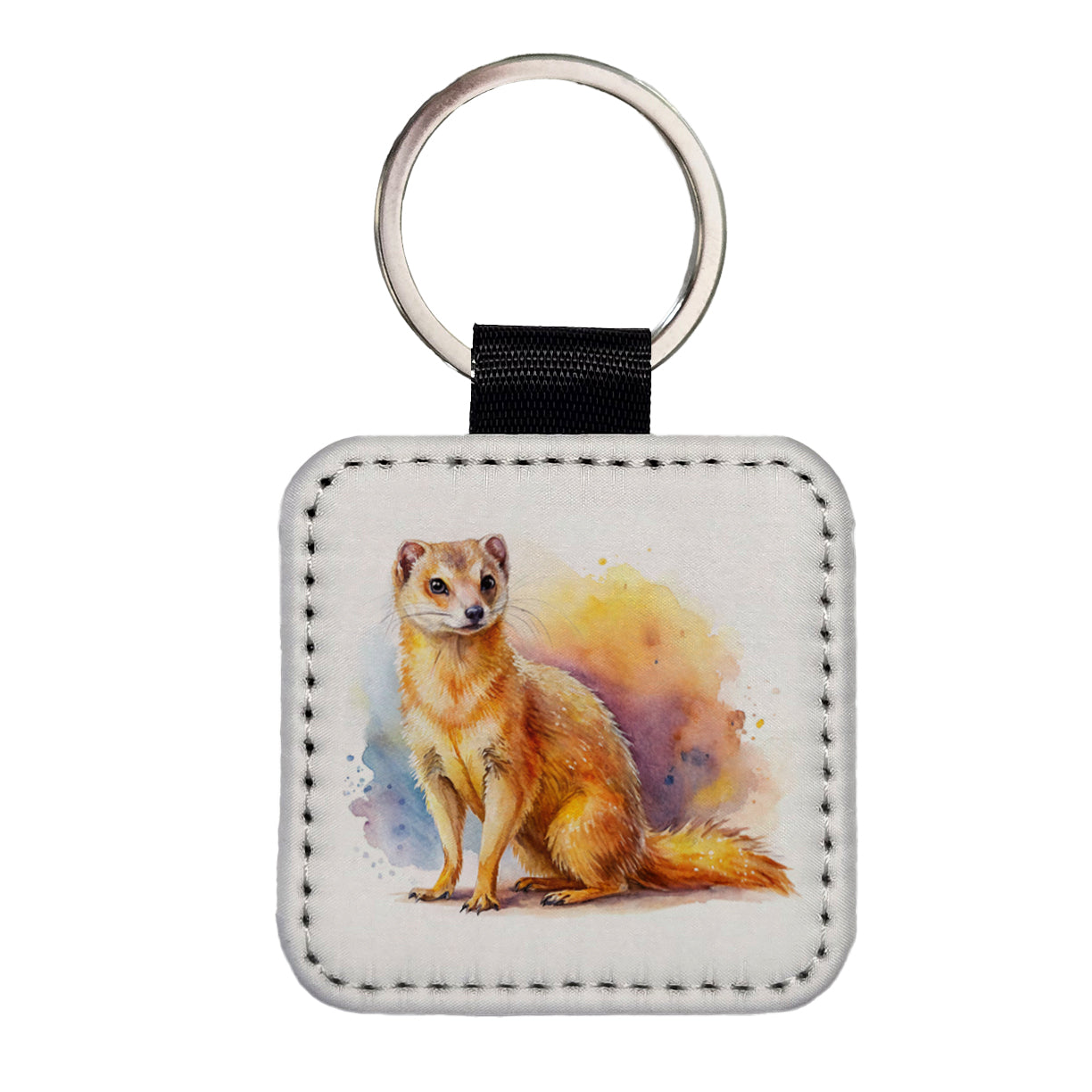 Mongoose Watercolor Square Faux Leather Keychain