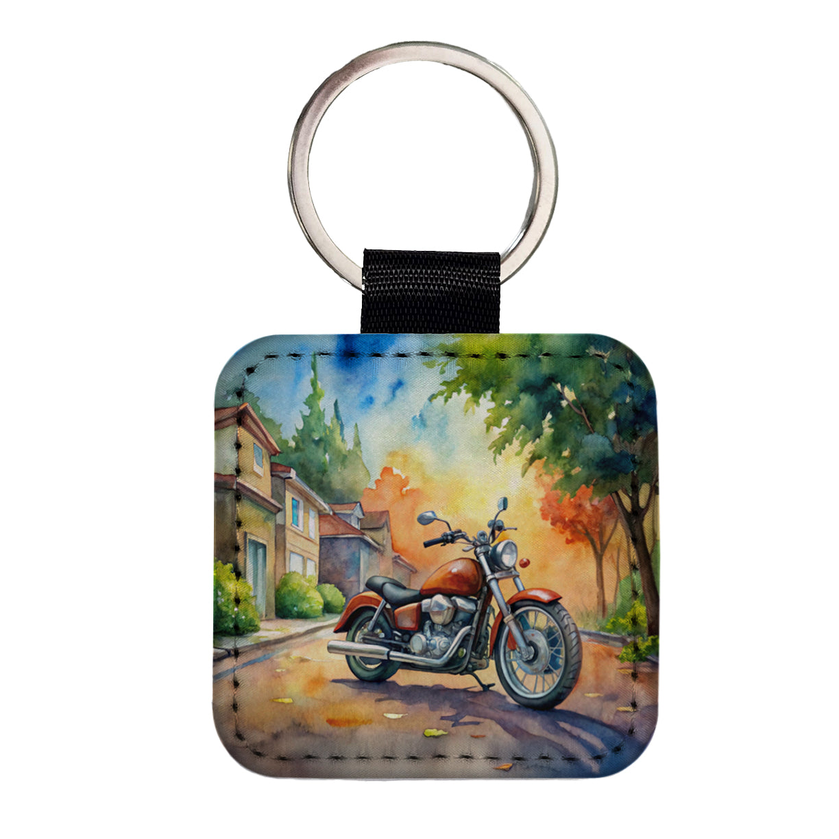 Motorcycle Watercolor Scene Square Faux Leather Keychain