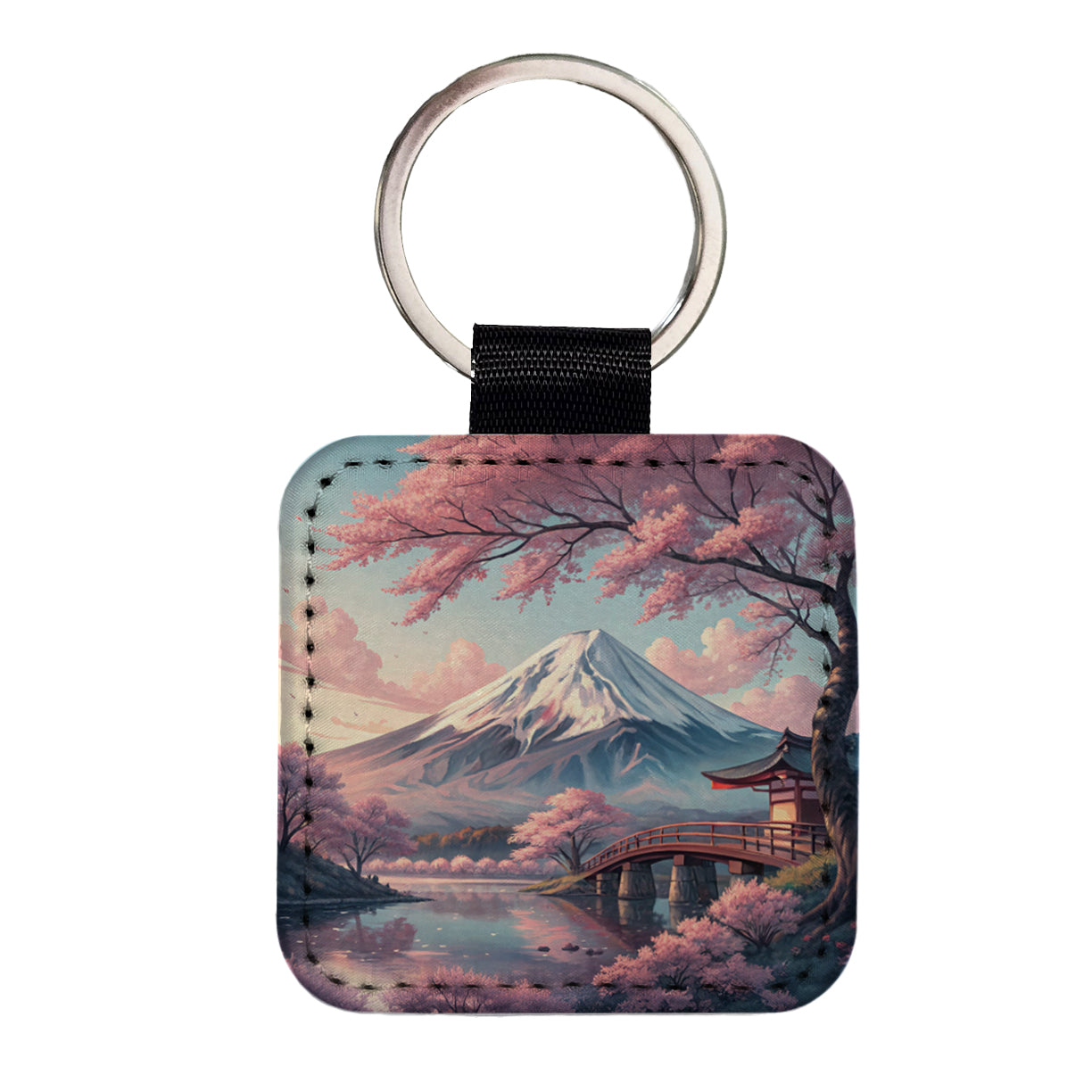 Mount Fuji During Cherry Blossom Season Japan Square Faux Leather Keychain