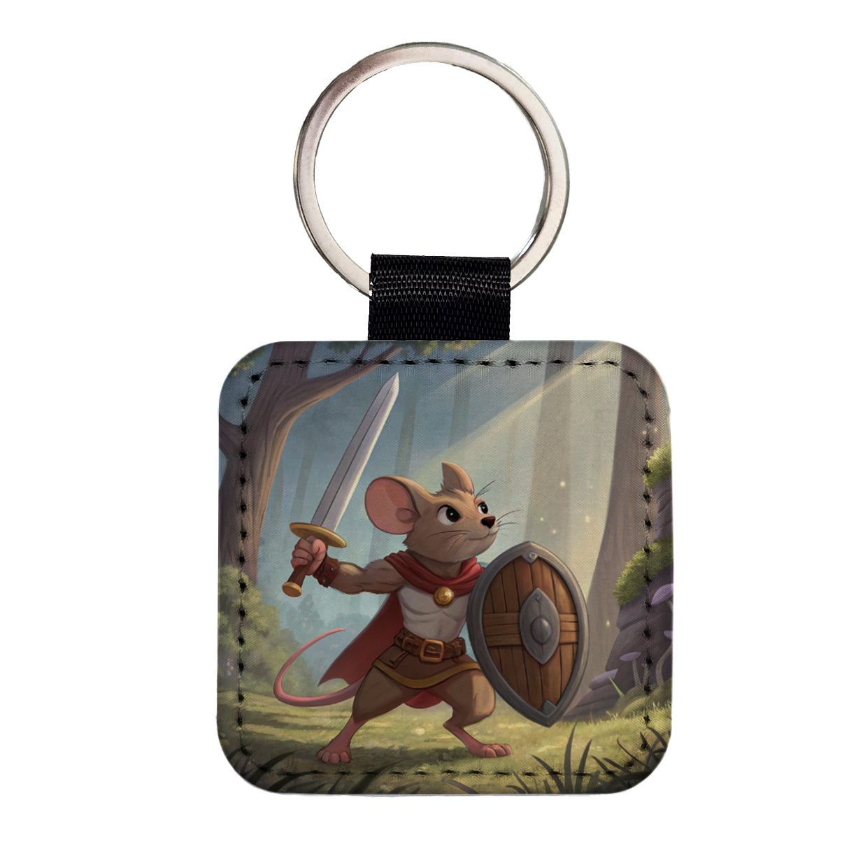 Mouse Warrior With Sword And Shield Square Faux Leather Keychain