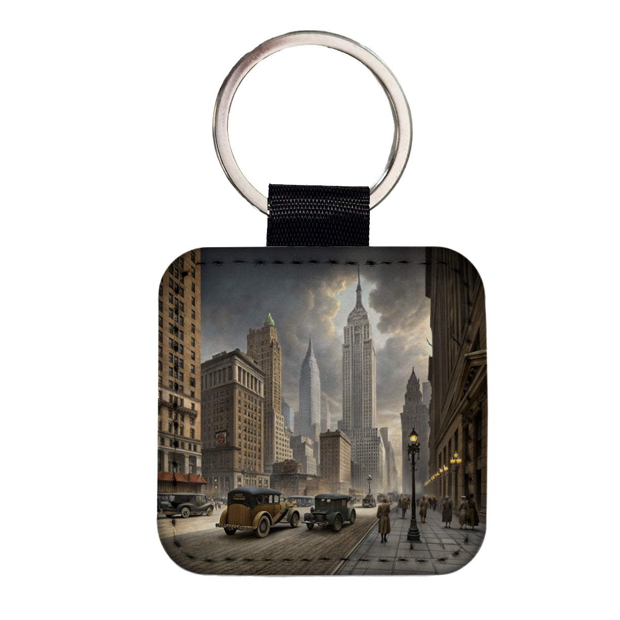 New York City in the 1900's Square Faux Leather Keychain