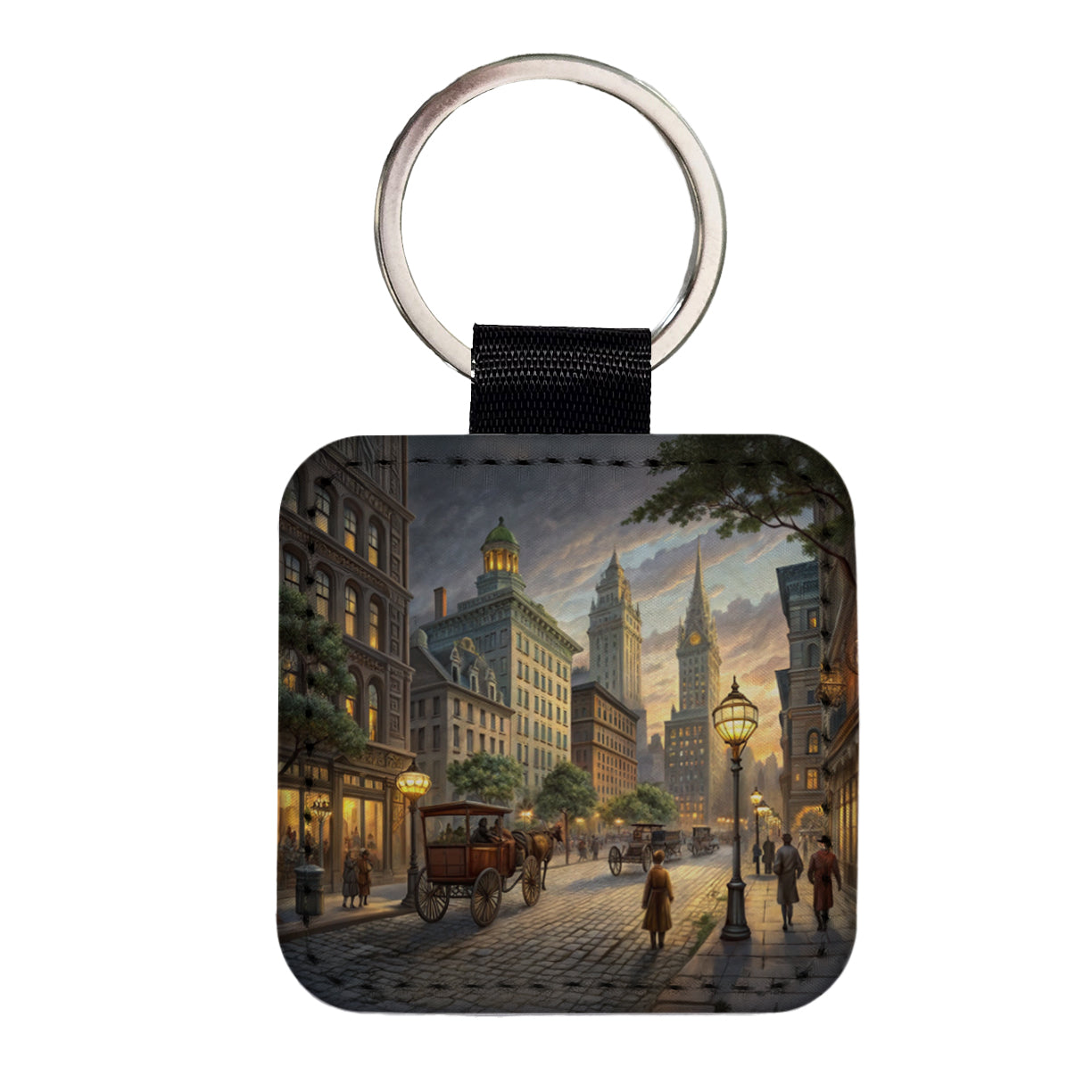 New York City Street in the 1800's Square Faux Leather Keychain