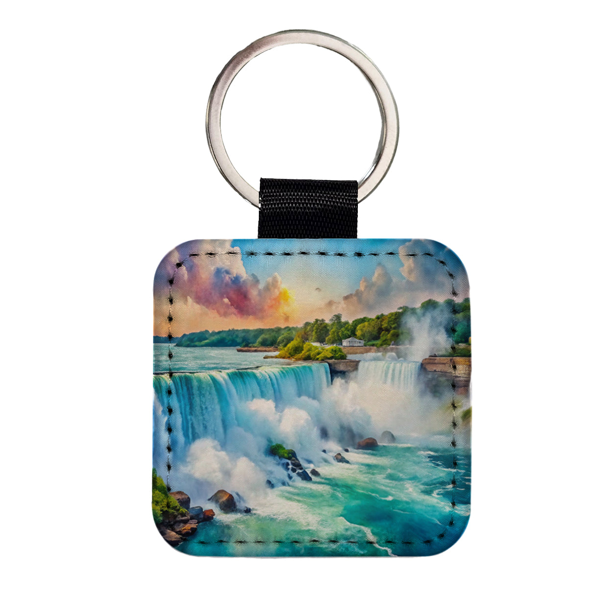 Niagara Falls New York Watercolor Square Faux Leather Keychain