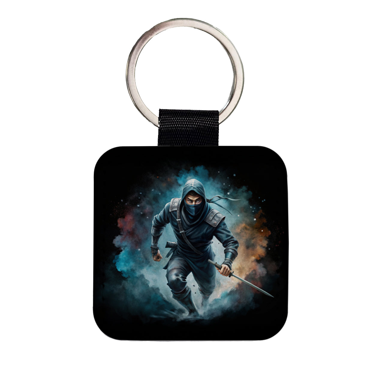 Ninja with Katana Running Black Watercolor Square Faux Leather Keychain