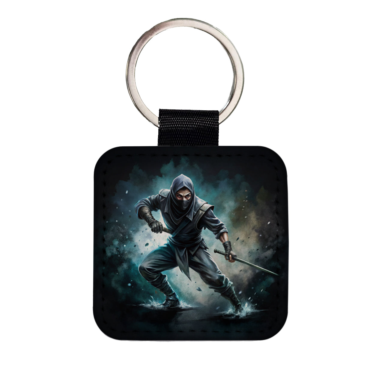 Ninja with Katana Sword Black Watercolor Square Faux Leather Keychain