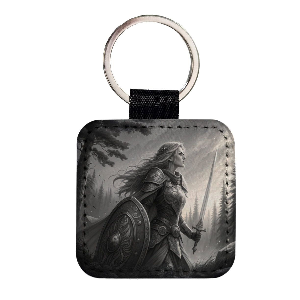 Nordic Viking Fantasy Woman Warrior Black And White Square Faux Leather Keychain