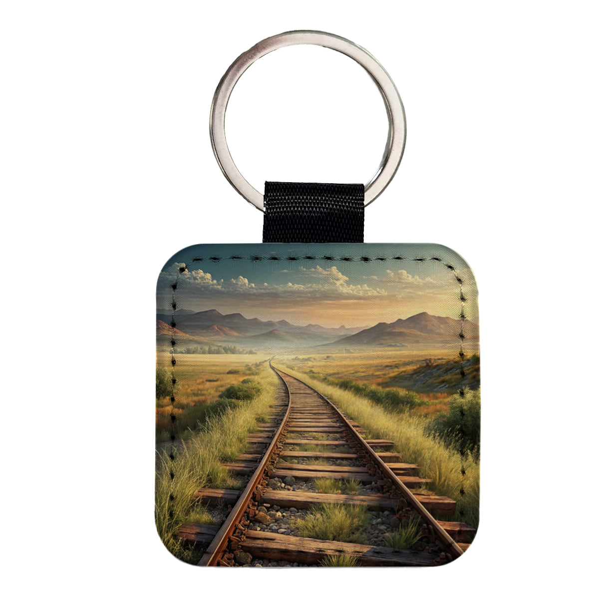 Old Train Tracks Vanishing Into The Distance Square Faux Leather Keychain