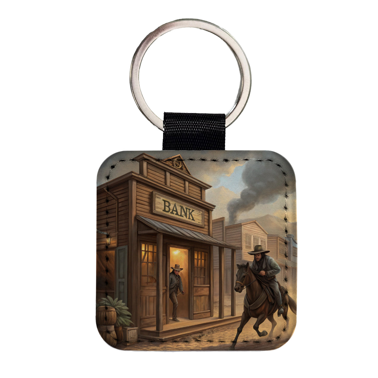 Old West Bank Robbery Western Square Faux Leather Keychain
