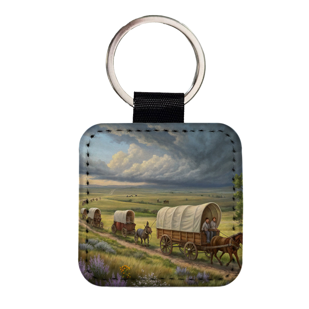 Old West Covered Wagons Crossing The Prairie Western Square Faux Leather Keychain