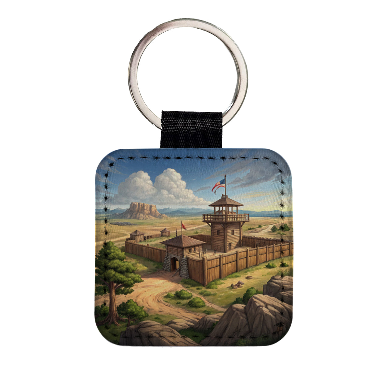 Old West Frontier Fort Cowboy Western Square Faux Leather Keychain