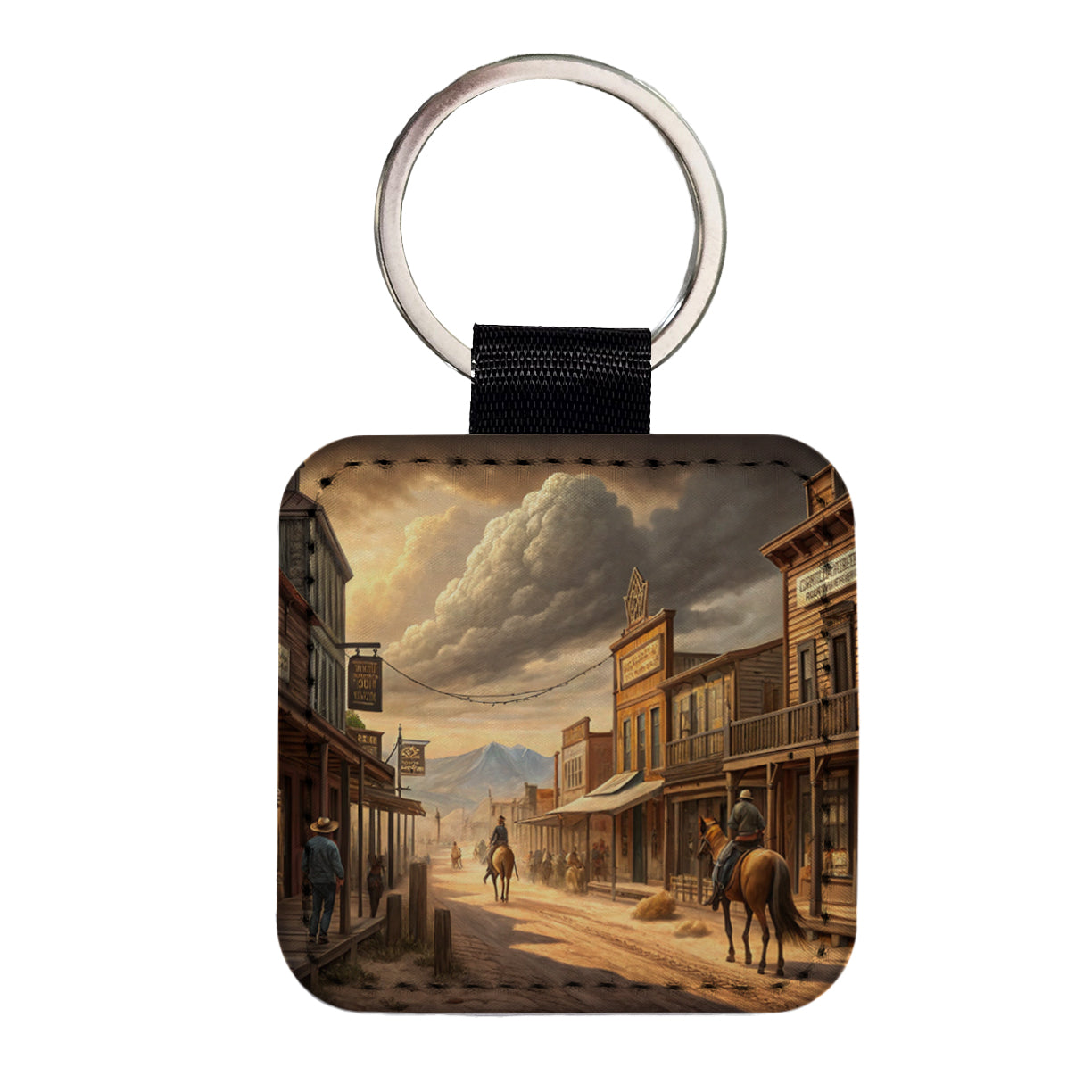 Old West Frontier Town Western Americana Square Faux Leather Keychain